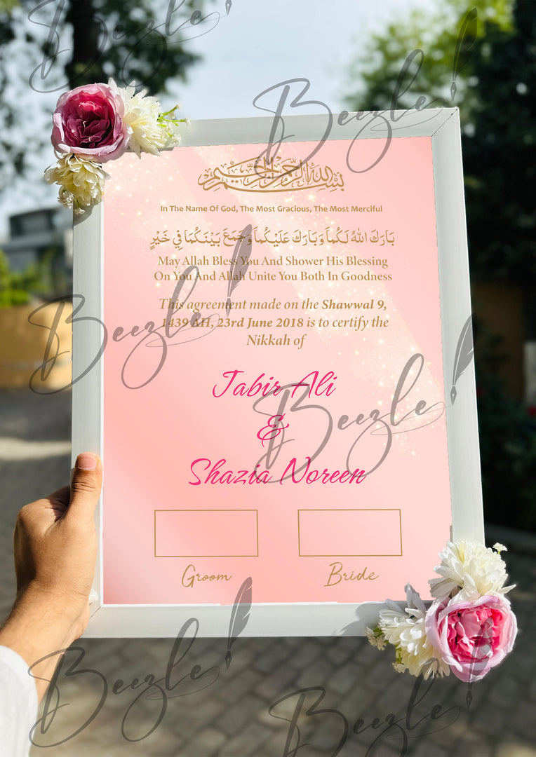 Customized Floral Nikah Certificate With Thumb & Pink Attractive Print | FNC-004
