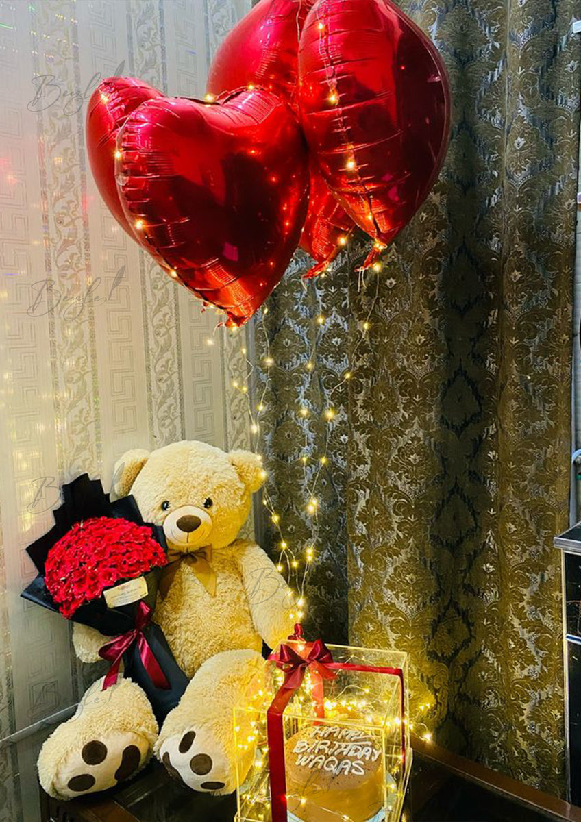 Giant Teddy Gift Set with Roses, Cake & Balloons - Perfect Gifting ...