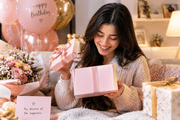 Girl opening a birthday gift surrounded by flowers and balloons