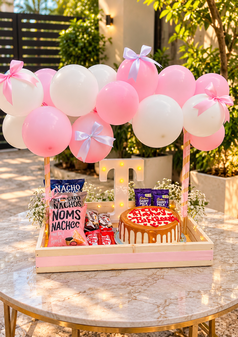 Balloon Celebration Tray with Cake & Snacks  | CBT-003