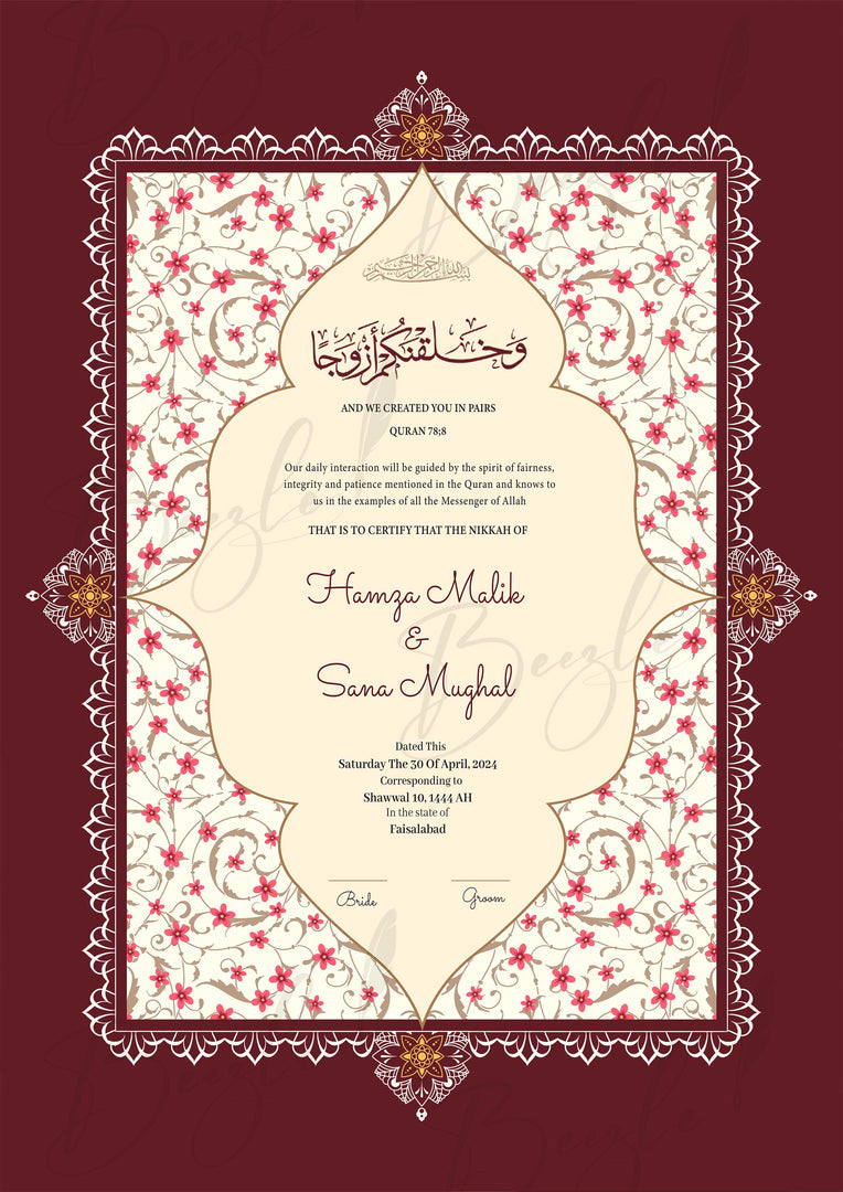 Nikah Certificate With a Combination of Maroon & Pink Design | NC-067