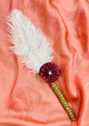 Golden Lace Nikah Pen With White Feather & Maroon Flower | PEN-15