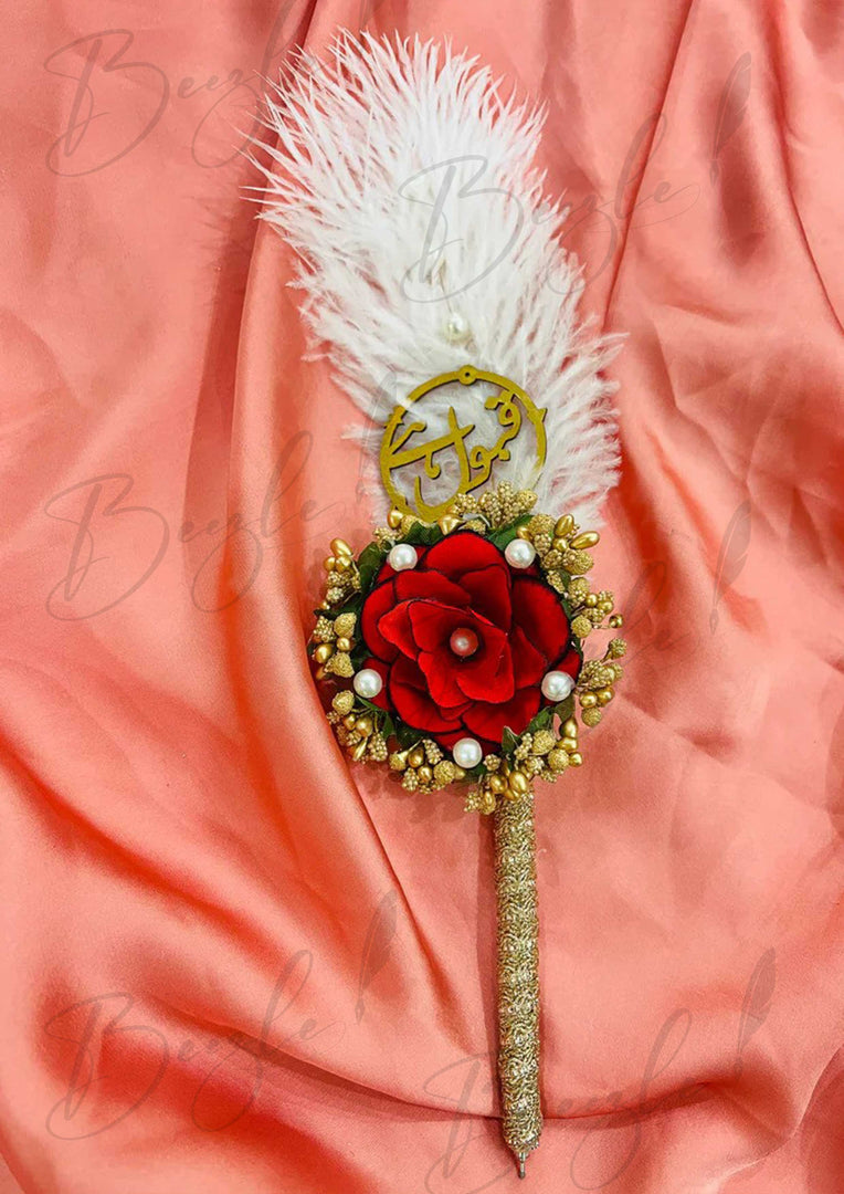Golden Lace Elegance Red Rose and Pearls Nikkah Pen with Ostrich Feathe PEN-14