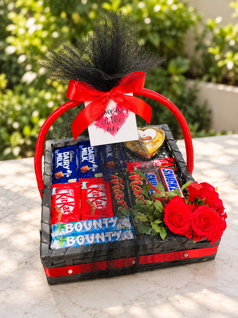 Premium Chocolate Gift Basket with Floral Red Touch | GB-095