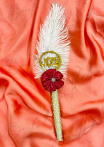 Load image into Gallery viewer, Golden Lace Elegance Nikkah Mubarik Transparent Pen with Zircons, Red Flower, and White Feather PEN-12