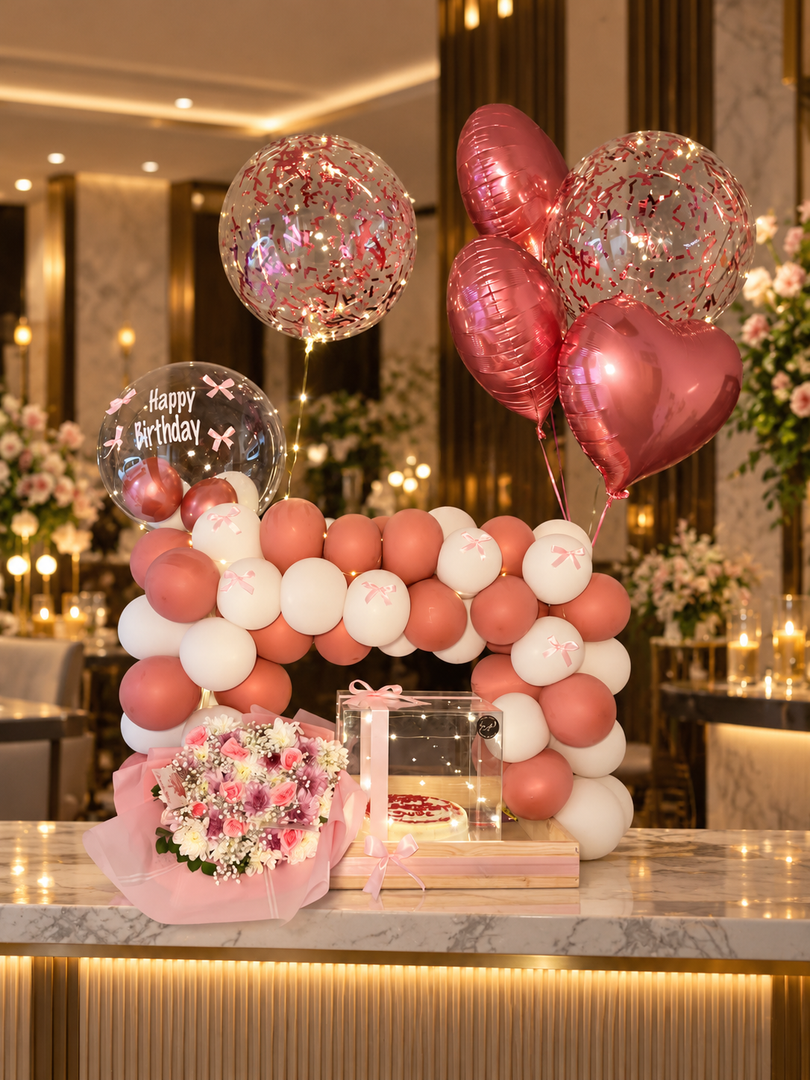 Rose pink balloon arch with heart foil balloons, pink bouquet and birthday cake in a clear box