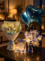 Load image into Gallery viewer, Midnight Azure gift pack with blue flowers, heart balloons, cake box and teddy bear decoration