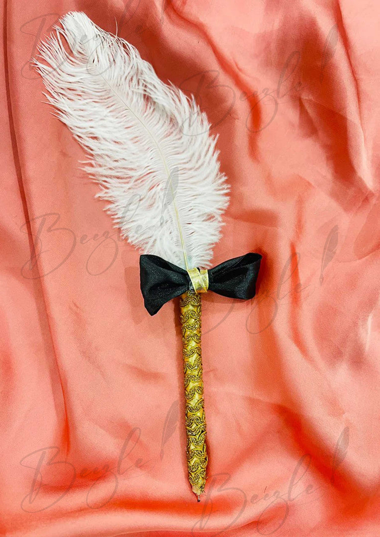 Golden Lace Elegance Black Bow, Gold Thread Embroidery, White Feather Nikkah Pen PEN-11