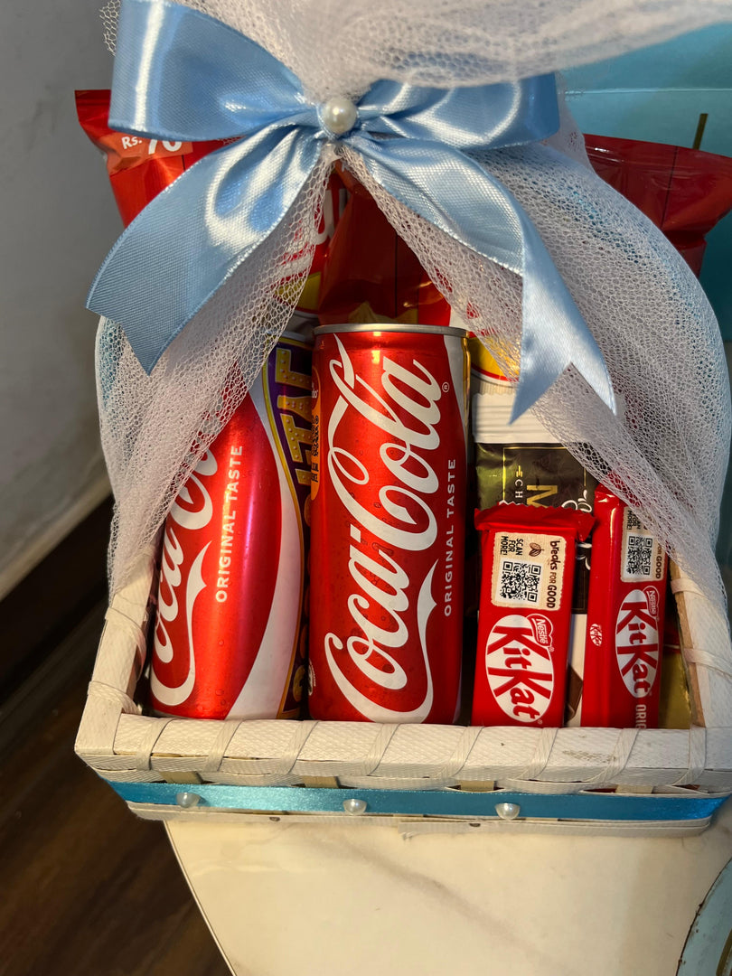 Ruby Birthday Luxe snack basket with assorted treats and drinks