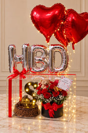 Crimson Elegance luxury birthday gift with chocolate cake red roses teddy bear and heart balloons