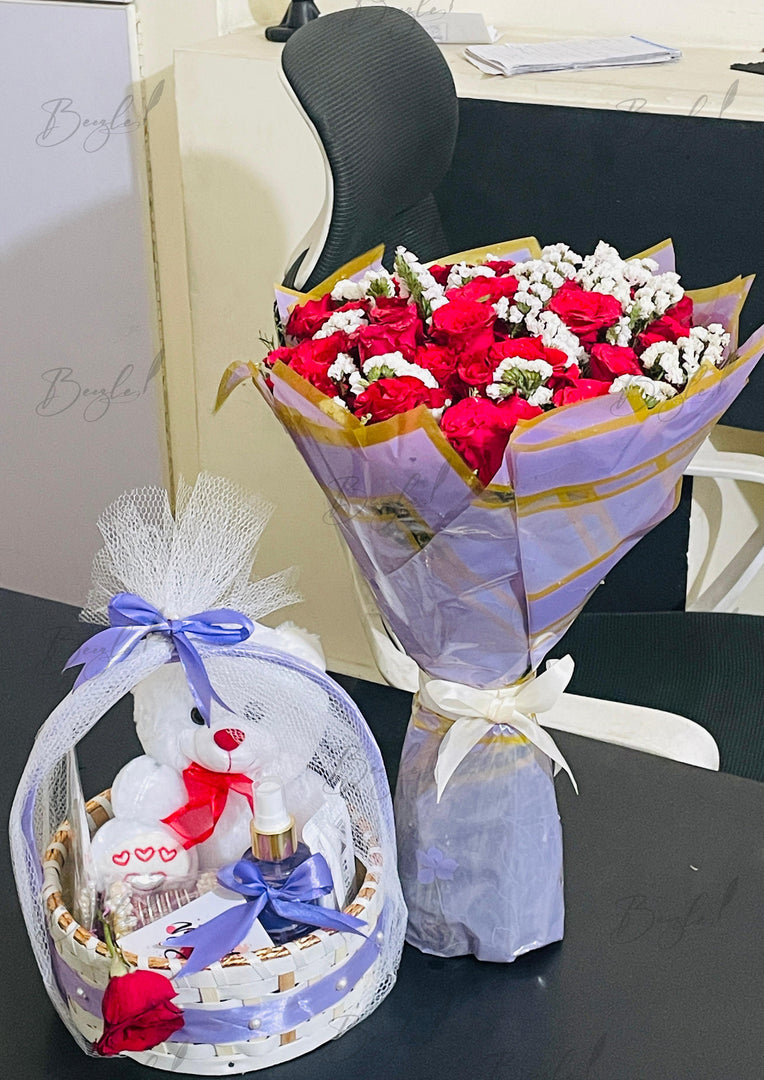 Lavender Red Rose Bouquet with Teddy Gift Basket | DEL-130