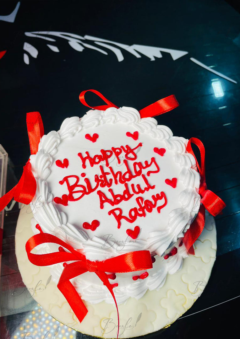 White Cream Custom Cake with Red Ribbons | GC-041