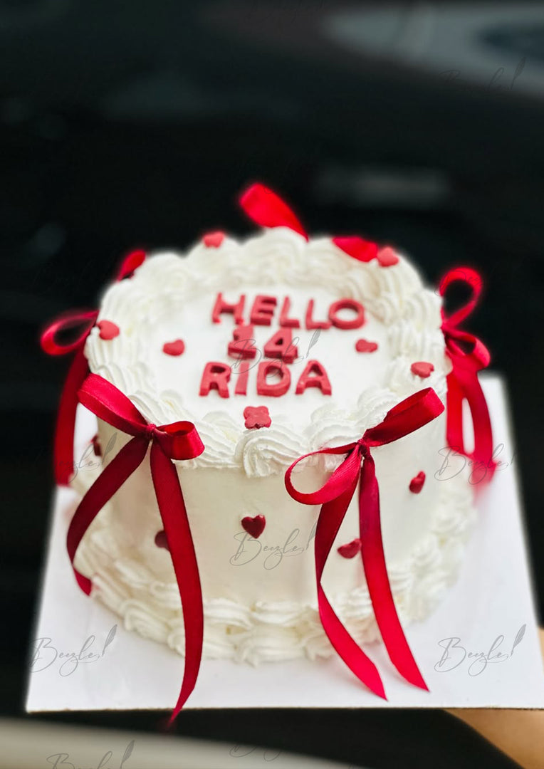 White Cream Custom Cake with Red Ribbons | GC-041