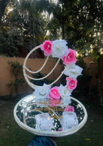 Load image into Gallery viewer, Pearls Nikkah Ring Tray with Mirror Base and Pink White Floral Hoop  | NT-010