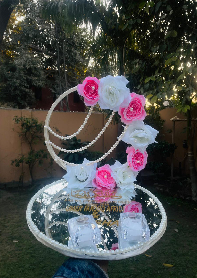 Pearls Nikkah Ring Tray with Mirror Base and Pink White Floral Hoop  | NT-010