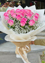 Load image into Gallery viewer, Pink Roses with Baby’s Breath Bouquet Wrapped in White | BCG-144
