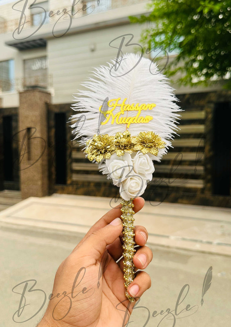 Customized Nikah Pen With Golden Lace & White Bloom | CNP-002