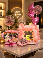 Load image into Gallery viewer, Birthday Dreamscape with pink balloon arch, flowers and gift hamper