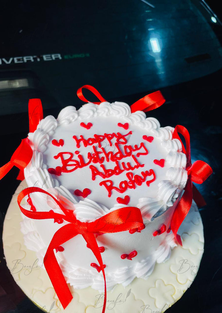 White Cream Custom Cake with Red Ribbons | GC-041
