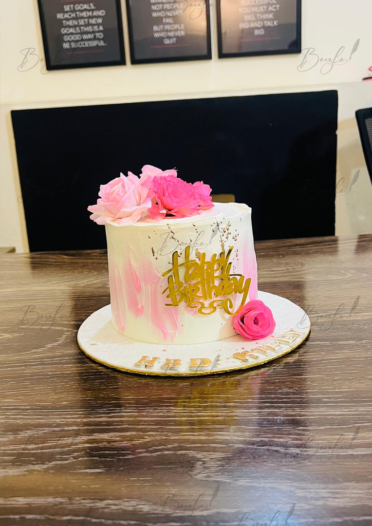Floral Birthday Cake – Pink, White & Gold Accents | GC-093