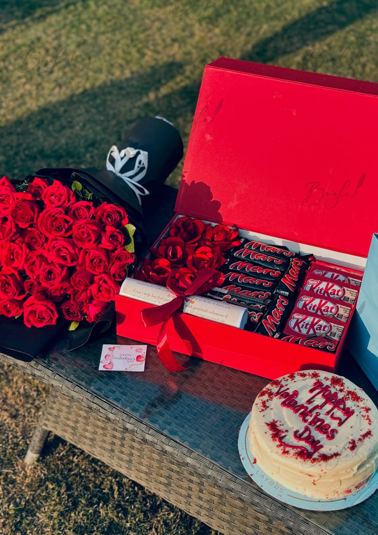 Red Roses Bouquet, Chocolates Box & Layers Cake – Valentine Gift Combo | GDEL-161
