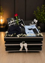 Load image into Gallery viewer, Luxury men's gift box featuring two premium shirts, a black wooden crate, fresh red rose, baby's breath flowers, and elegant gift packaging.