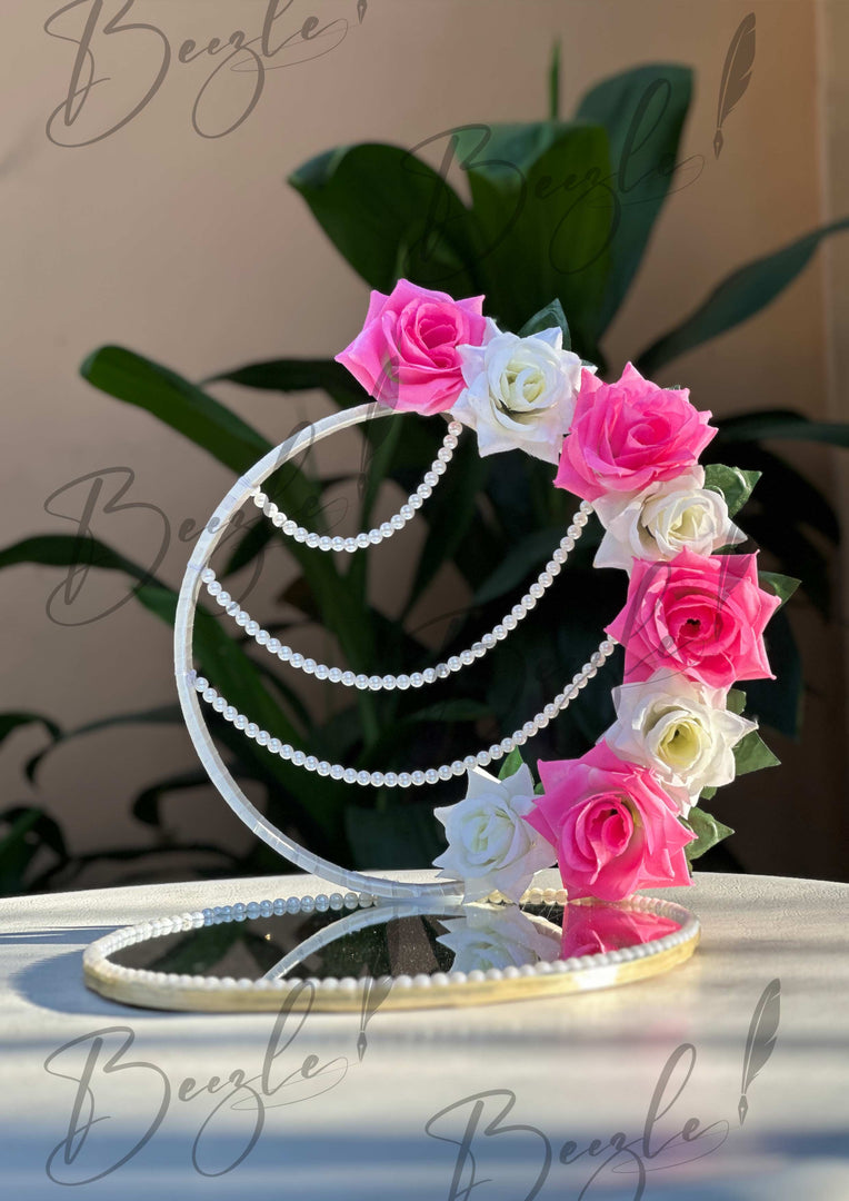 The Beautiful Engagement Ring Tray Decorated With Pearls, White & Pink Flowers | ERT-010