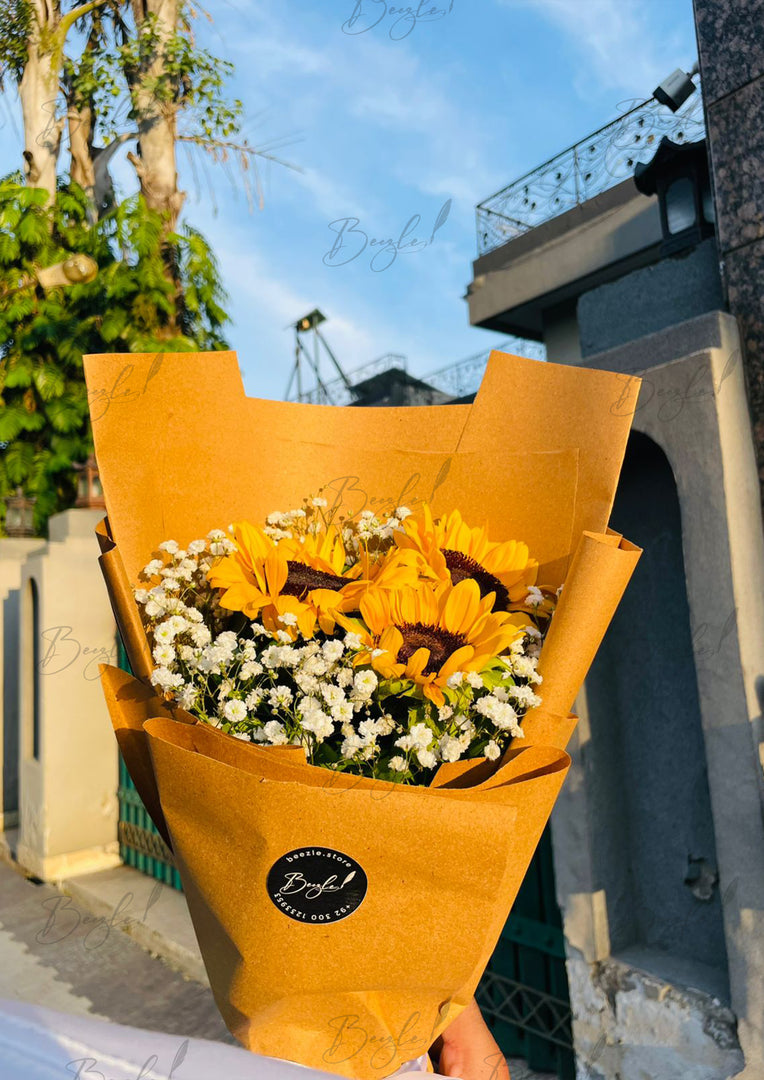 Sunflower Bouquet with Baby’s Breath & Kraft Wrap | BCG-166