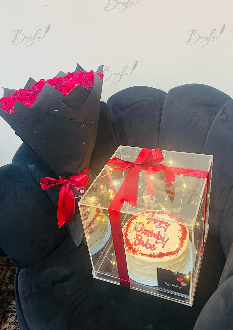 Black Cake Box with Red Rose Bouquet | GDEL-133