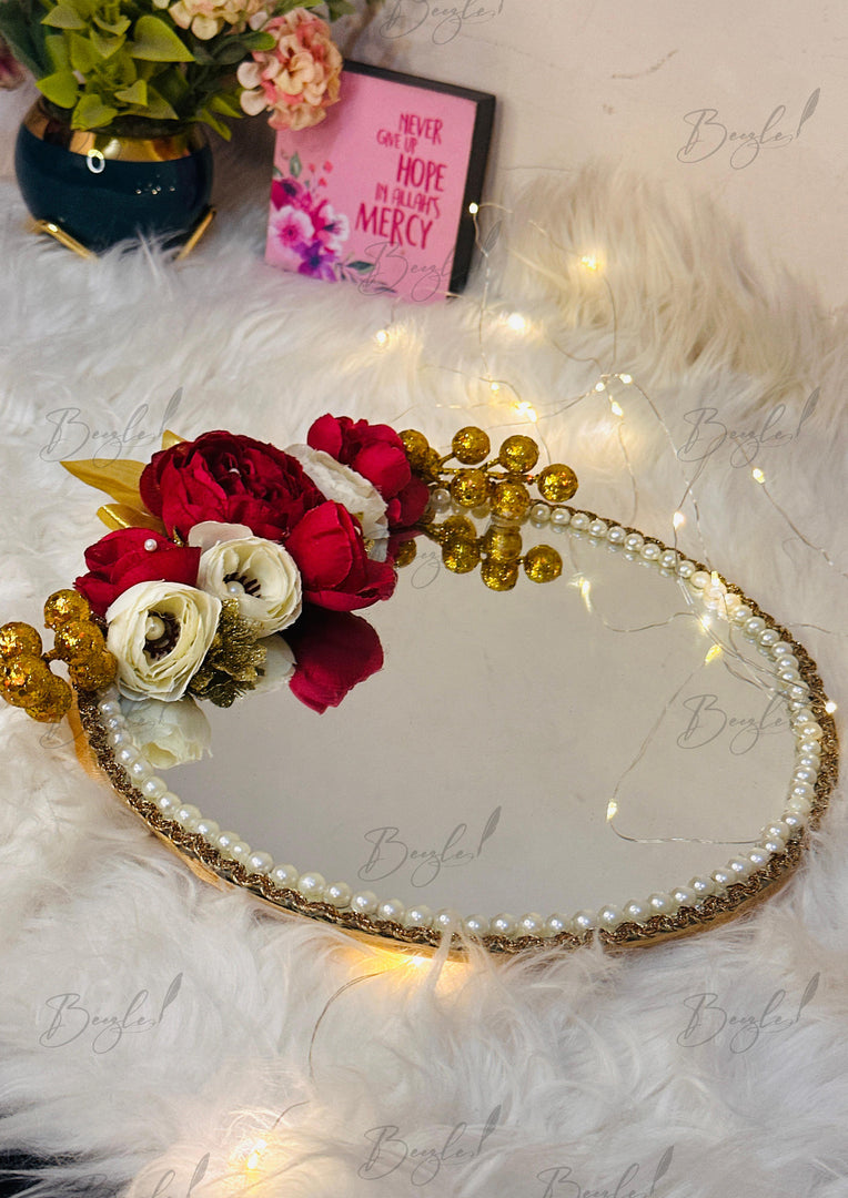Decorative Nikah Tray with Red Flowers, Golden Beads, and Pearl Border | NT-025