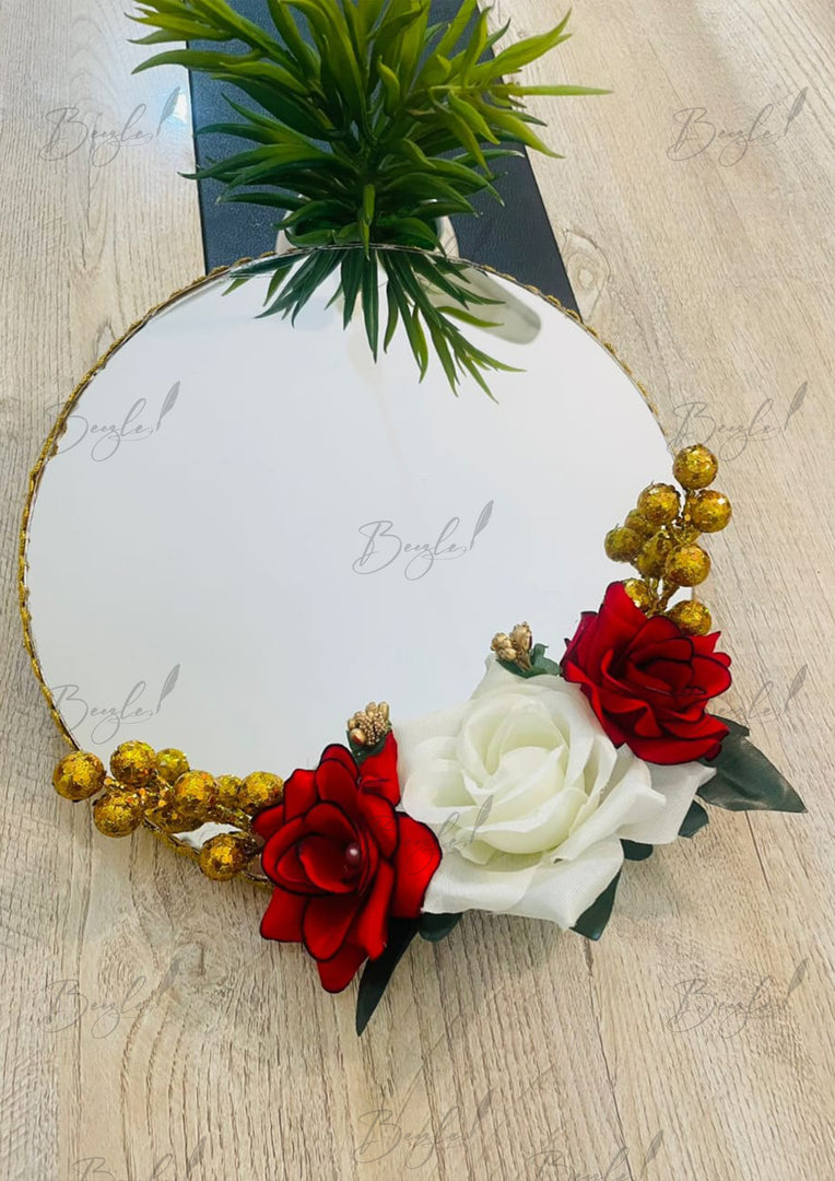 Decorative Nikah Tray with Red Flowers, Golden Beads, and Pearl Border | NT-025
