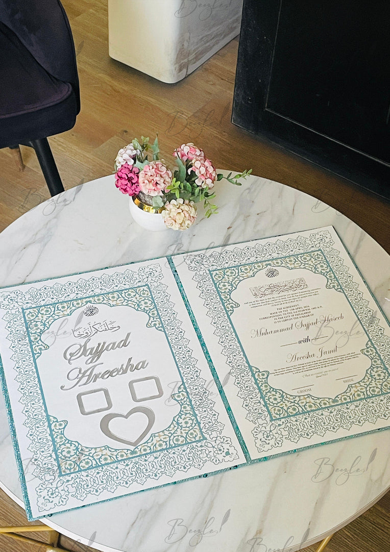 Elegant Teal Glitter Nikah Nama | NB-044