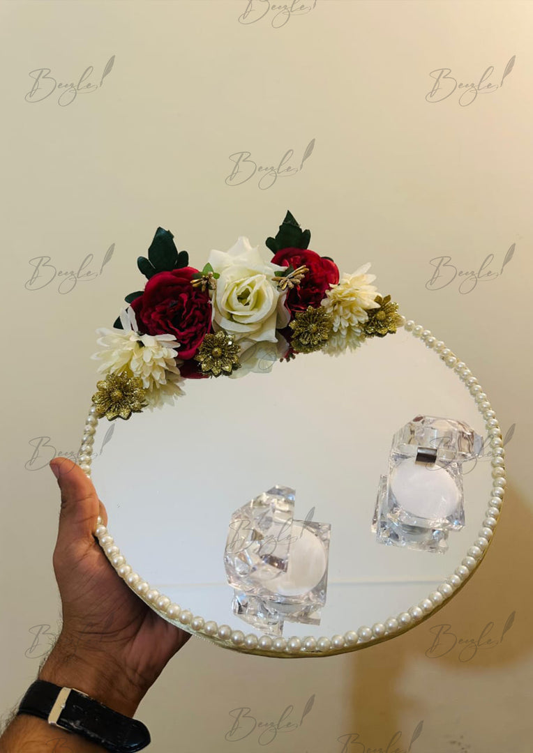 Decorative Nikah Tray with Red Flowers, Golden Beads, and Pearl Border | NT-025