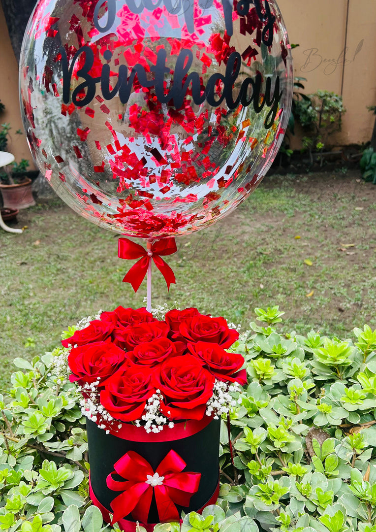 Birthday Rose Box with Balloon & Red Ribbons | GBO-113