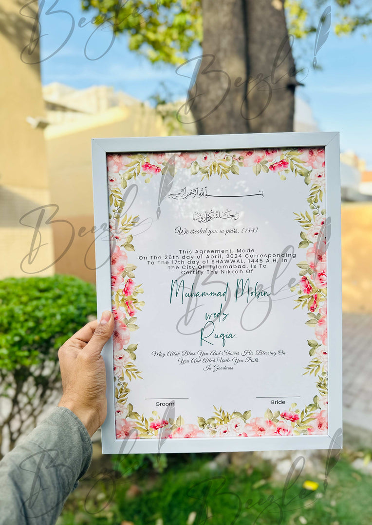 Nikah Certificate With Classic Pink Blossom Frame | NC-043