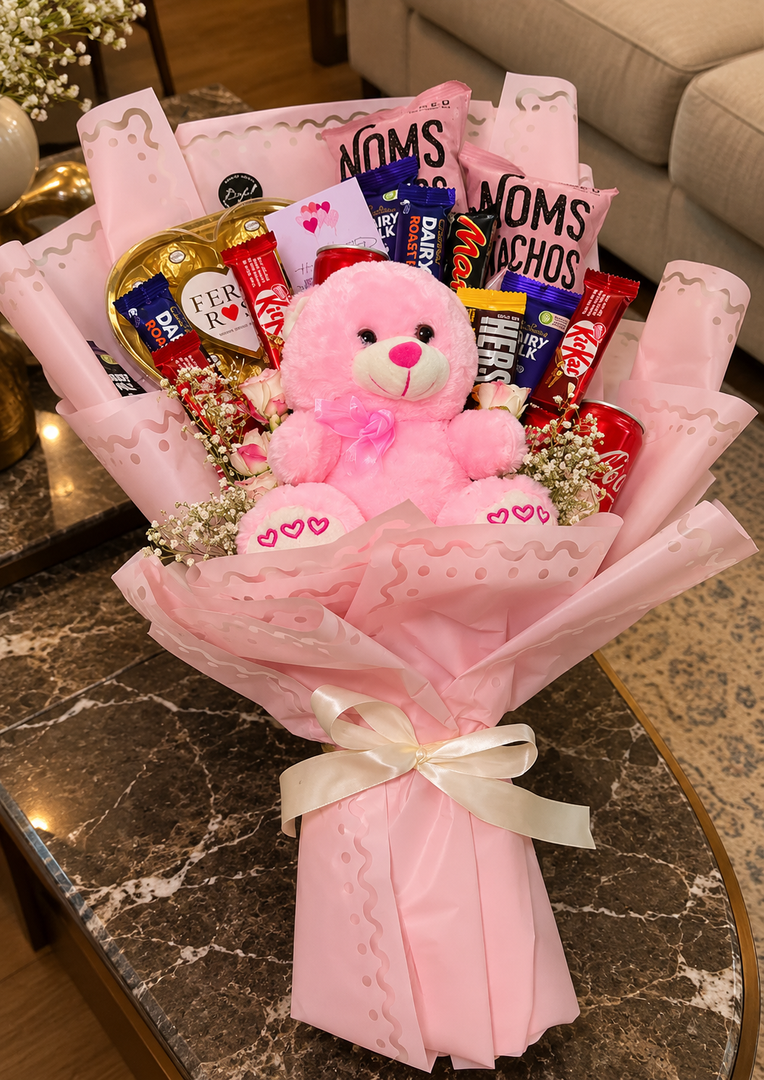 Teddy and Chocolate Gift Bouquet with Pink Wrap and Red Ribbon | BCG-023