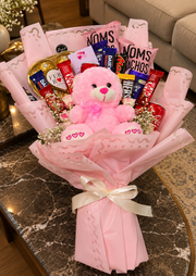 Teddy and Chocolate Gift Bouquet with Pink Wrap and Red Ribbon | BCG-023
