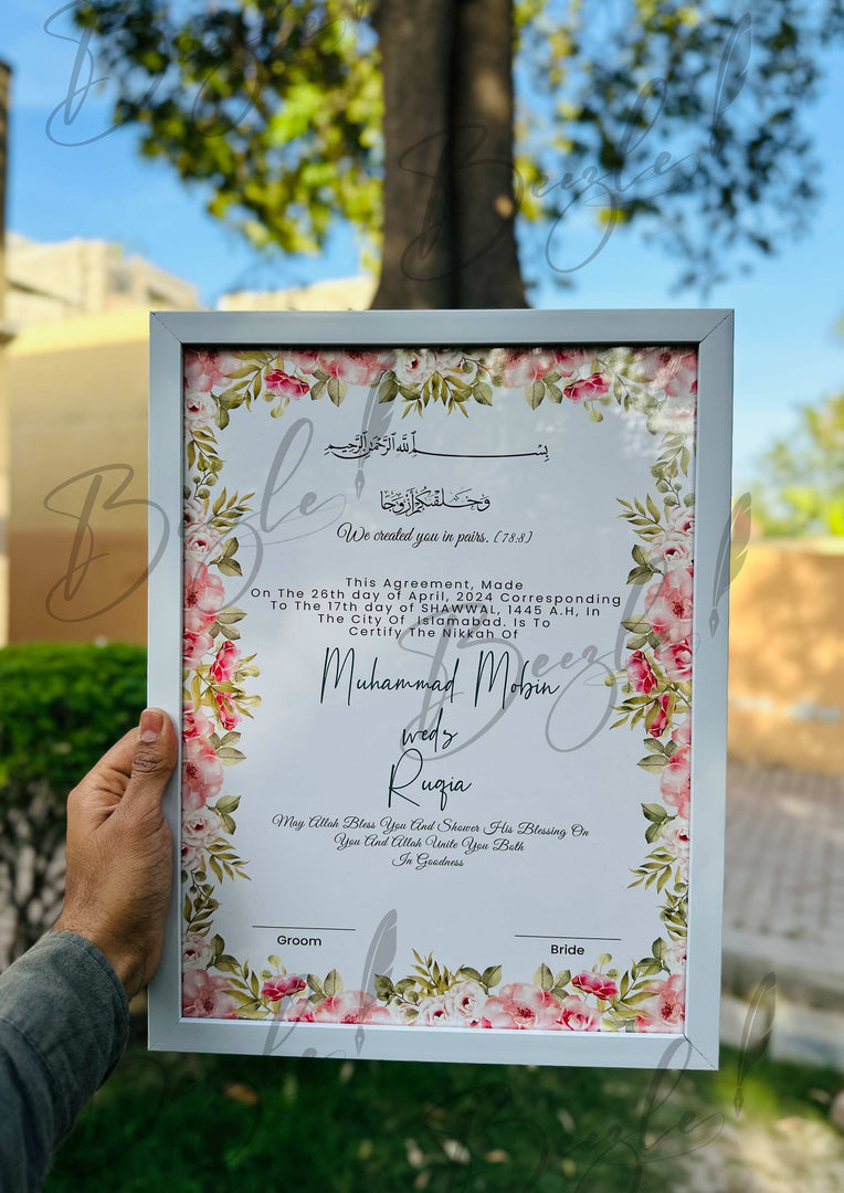 Nikah Certificate With Classic Pink Blossom Frame | NC-043