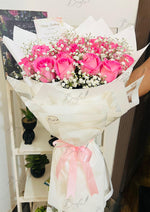 Load image into Gallery viewer, Pink Roses with Baby’s Breath Bouquet Wrapped in White | BCG-144
