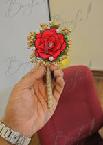 Load image into Gallery viewer, Golden Lace Elegance Red Rose and Pearls Nikkah Pen with Ostrich Feathe PEN-14