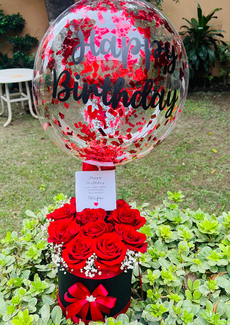 Birthday Rose Box with Balloon & Red Ribbons | GBO-113