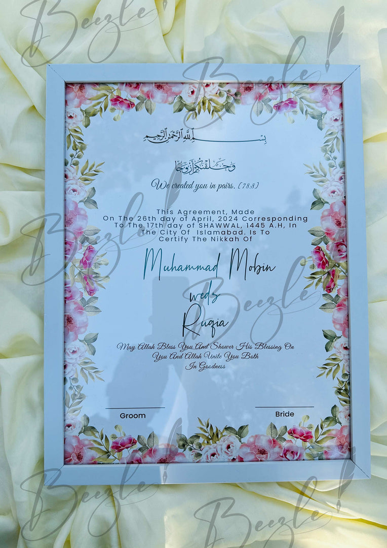 Nikah Certificate With Classic Pink Blossom Frame | NC-043