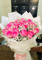Load image into Gallery viewer, Pink Roses with Baby’s Breath Bouquet Wrapped in White | BCG-144

