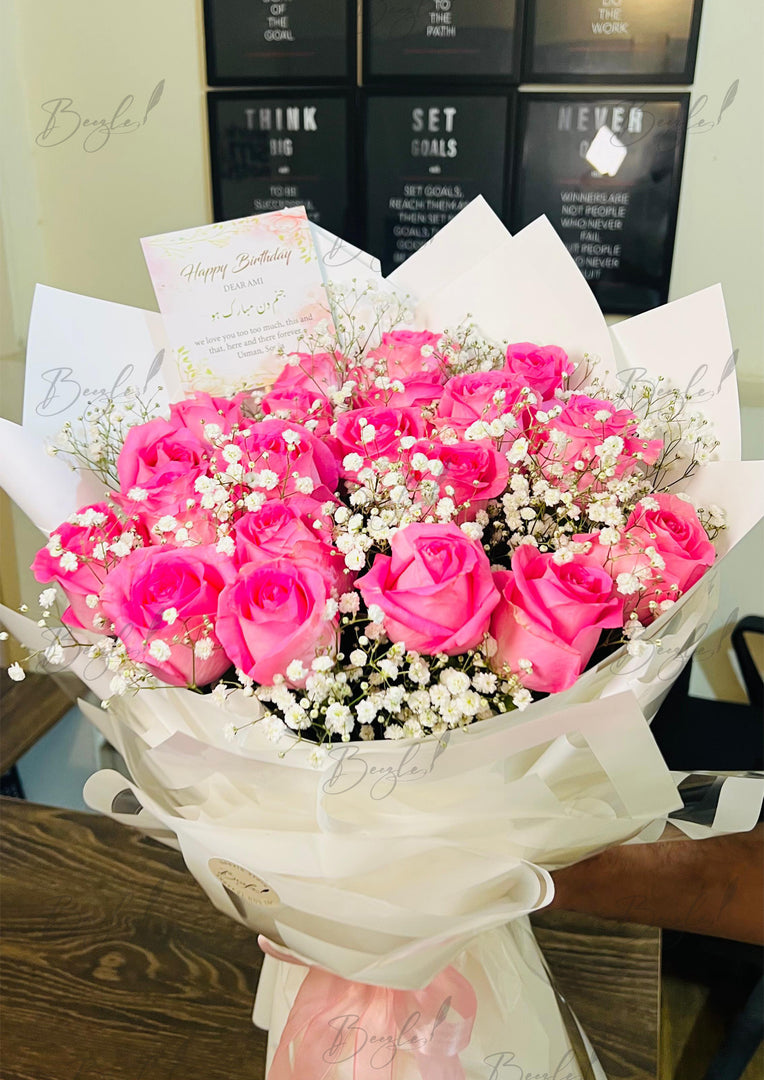 Pink Roses with Baby’s Breath Bouquet Wrapped in White | BCG-144