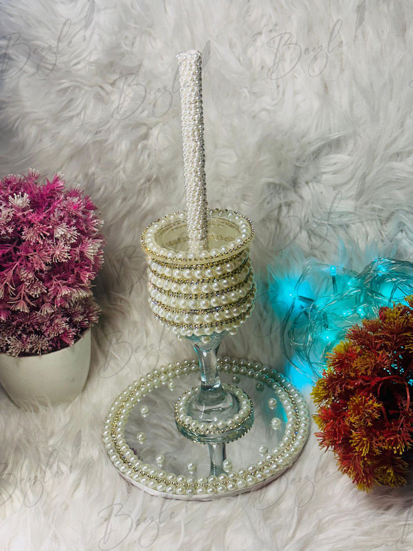 Customized Doodh Pilai Glass and Tray Decorated with Pearls and Golden Lace | DPG-009