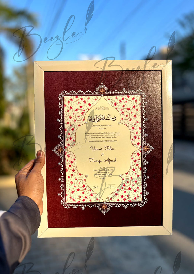 Luxury Dark Maroon Nikah Certificate with Stone Decoration | SNC-008