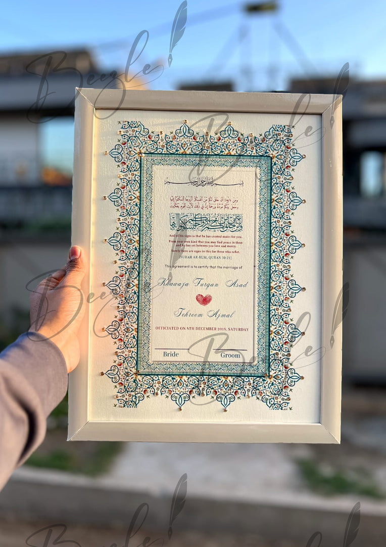 Luxury Blue & Clay Ash Nikah Certificate with Stone Decoration | SNC-006