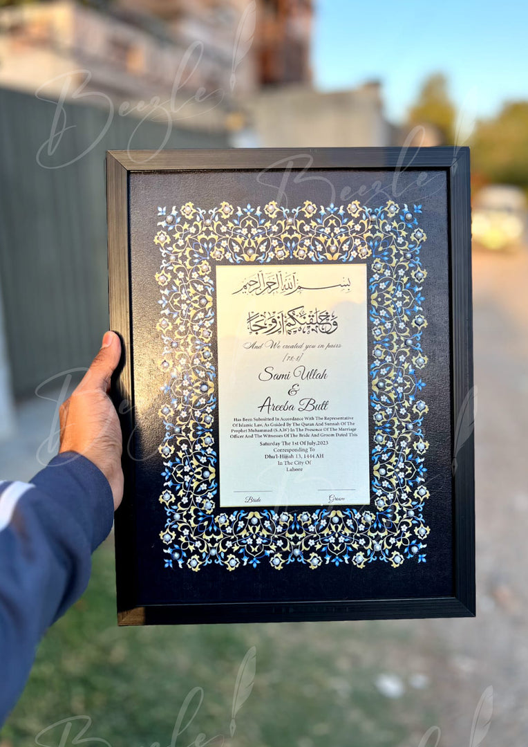 Luxury Black & Blue Nikah Certificate with Stone Decoration | SNC-002