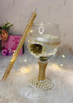 Load image into Gallery viewer, The Doodh Pilai Glass Decorated With Golden Lace &amp; Pearls | DPG-008
