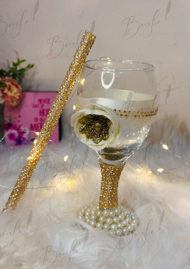 The Doodh Pilai Glass Decorated With Golden Lace & Pearls | DPG-008